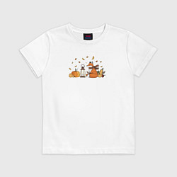 Футболка хлопковая детская Лиса с тыквами и фонарём, цвет: белый