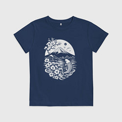 Футболка хлопковая детская Сакура, Фудзи и карп кои, цвет: тёмно-синий