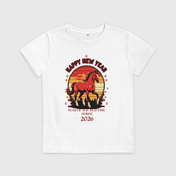 Футболка хлопковая детская Красный огненный конь символ 2026, цвет: белый