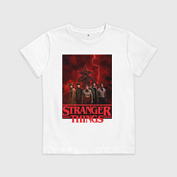 Футболка хлопковая детская Пятеро и демогоргон Загадочные события финал, цвет: белый
