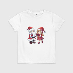 Футболка хлопковая детская Мультяшные Дед Мороз и Снегурочка держатся за руки, цвет: белый