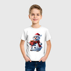 Футболка хлопковая детская Новогодний снеговик в красной шапке, цвет: белый — фото 2