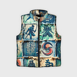 Детский жилет Самураи на пэчворк дениме, цвет: 3D-светло-серый