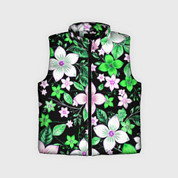 Детский жилет Зелёно-белые цветы на чёрном фоне, цвет: 3D-черный