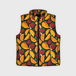 Детский жилет Ягоды и фрукты в паттерне: малина манго апельсин, цвет: 3D-черный