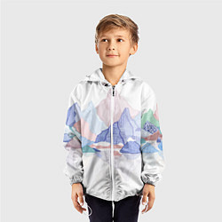 Ветровка с капюшоном детская Разноцветные пастельные оттенки гор в отражении во, цвет: 3D-белый — фото 2
