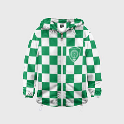 Ветровка с капюшоном детская ФК Ахмат на фоне бело зеленой формы в квадрат, цвет: 3D-белый