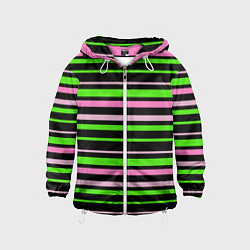 Ветровка с капюшоном детская Полосаты узор в зелено-розовых оттенках на черном, цвет: 3D-белый