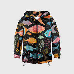 Ветровка с капюшоном детская Фолк-арт рыбовы, цвет: 3D-черный