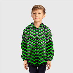 Ветровка с капюшоном детская Белые и зелёные полосы на чёрном фоне, цвет: 3D-черный — фото 2