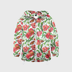Ветровка с капюшоном детская Красные тюльпаны, цвет: 3D-белый
