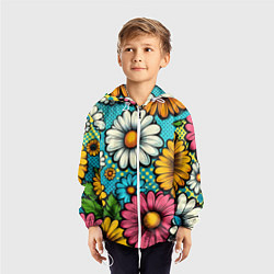 Ветровка с капюшоном детская Графический паттерн - Летние Цветы, цвет: 3D-белый — фото 2