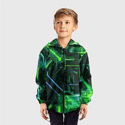 Ветровка с капюшоном детская Зелёно-голубые полосы на чёрном фоне, цвет: 3D-черный — фото 2