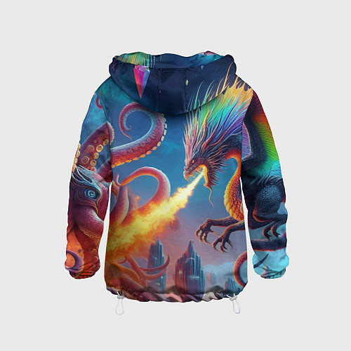 Детская ветровка Огнедышащий дракон против осьминога - нейроарт фан / 3D-Белый – фото 2
