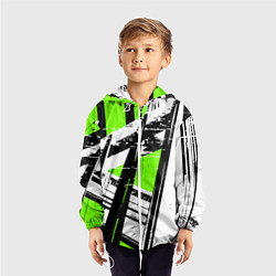 Ветровка с капюшоном детская Чёрно-белые абстрактные линии на зелёном фоне, цвет: 3D-белый — фото 2