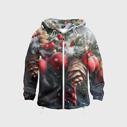 Ветровка с капюшоном детская Новогодние украшения на ветках, цвет: 3D-белый