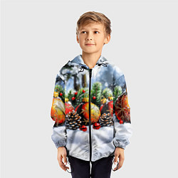 Ветровка с капюшоном детская Красные и желтый новогодние шары, цвет: 3D-черный — фото 2