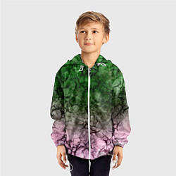 Ветровка с капюшоном детская Абстракция - green pink gradient in black web, цвет: 3D-белый — фото 2