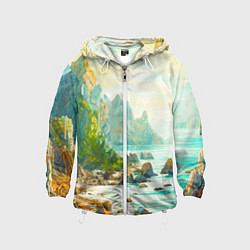 Ветровка с капюшоном детская Художественный пейзаж море скалы, цвет: 3D-белый