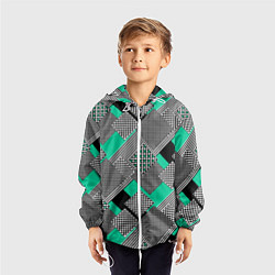 Ветровка с капюшоном детская Черно бирюзовая абстрактная геометрия пэчворк, цвет: 3D-белый — фото 2