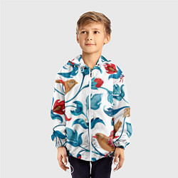 Ветровка с капюшоном детская Цветы и птицы - паттерн, цвет: 3D-белый — фото 2