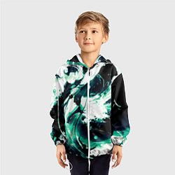 Ветровка с капюшоном детская Чёрно-зелёный абстракция волна, цвет: 3D-белый — фото 2