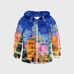 Ветровка с капюшоном детская Разноцветные новогодние домики, цвет: 3D-белый