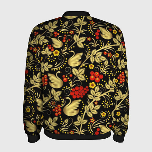 Мужской бомбер Хохлома золотые лебеди / 3D-Черный – фото 2