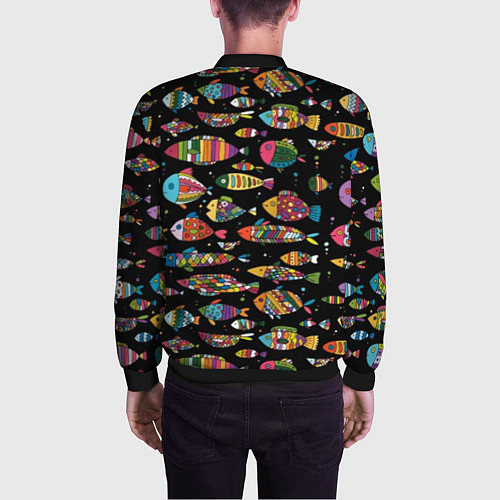 Мужской бомбер Разноцветные рыбы - черный фон / 3D-Черный – фото 4