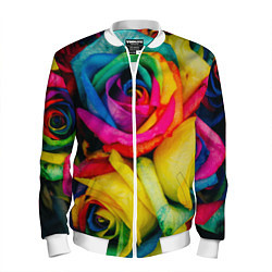Бомбер мужской Разноцветные розы, цвет: 3D-белый