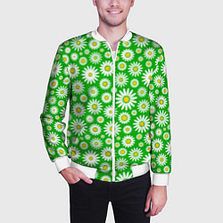 Бомбер мужской Ромашки на зелёном фоне, цвет: 3D-белый — фото 2