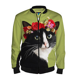Бомбер мужской Кот и цветы, цвет: 3D-черный