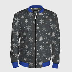 Бомбер мужской Белые снежинки на сером фоне, цвет: 3D-синий