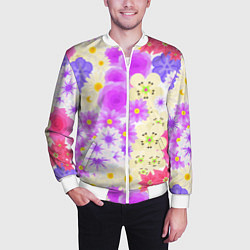 Бомбер мужской ЦВЕТОЧНАЯ МОЗАИКА РОМАШКИ, РОЗЫ, ПЕТУНЬИ, цвет: 3D-белый — фото 2