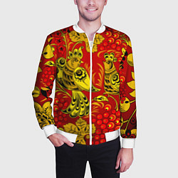 Бомбер мужской Хохломская Роспись Две Птици На Красном Фоне, цвет: 3D-белый — фото 2