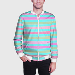 Бомбер мужской Pink turquoise stripes horizontal Полосатый узор, цвет: 3D-белый — фото 2