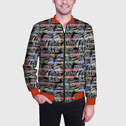 Бомбер мужской Листья монстеры на черном в полоску, цвет: 3D-красный — фото 2