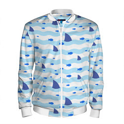 Бомбер мужской Волны, рыбки и плавники акул - паттерн, цвет: 3D-белый