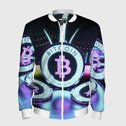 Бомбер мужской Неоновый светящийся биткоин, цвет: 3D-белый