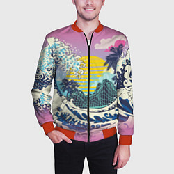 Бомбер мужской Штормовые океанские волны и пальмы, цвет: 3D-красный — фото 2