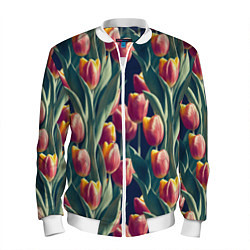 Бомбер мужской Много тюльпанов, цвет: 3D-белый