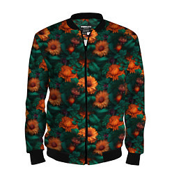 Мужской бомбер Оранжевые цветы и зеленые листья