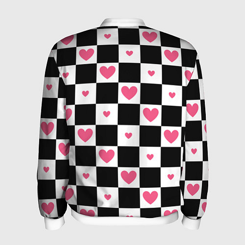 Мужской бомбер Розовые сердечки на фоне шахматной черно-белой дос / 3D-Белый – фото 2