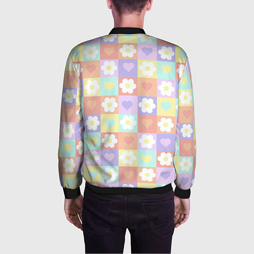 Мужской бомбер Сердечки и цветочки в пастельных квадратах / 3D-Черный – фото 4