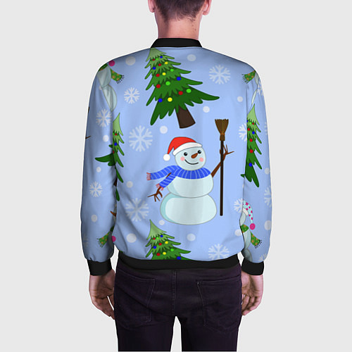 Мужской бомбер Снеговики с новогодними елками паттерн / 3D-Черный – фото 4