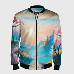Мужской бомбер Японский город вдали и цветущая Сакура у реки