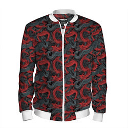 Бомбер мужской Красные драконы на сером фоне, цвет: 3D-белый