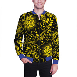 Бомбер мужской Хохломская роспись золотые цветы на чёроном фоне, цвет: 3D-синий — фото 2