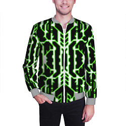 Бомбер мужской Техно белые линии с зелёной обводкой на чёрном фон, цвет: 3D-меланж — фото 2