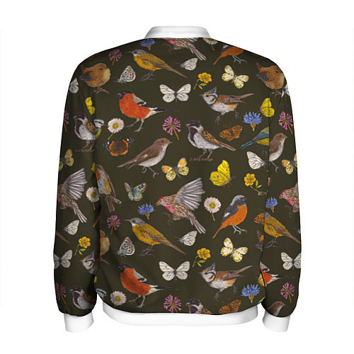 Мужской бомбер Птицы и бабочки с цветами паттерн / 3D-Белый – фото 2
